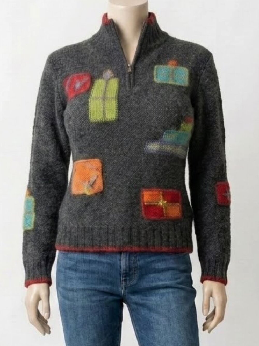 Woolrich Wool Zip Collar Gray Christmas Present Patchwork Sweater Women's S